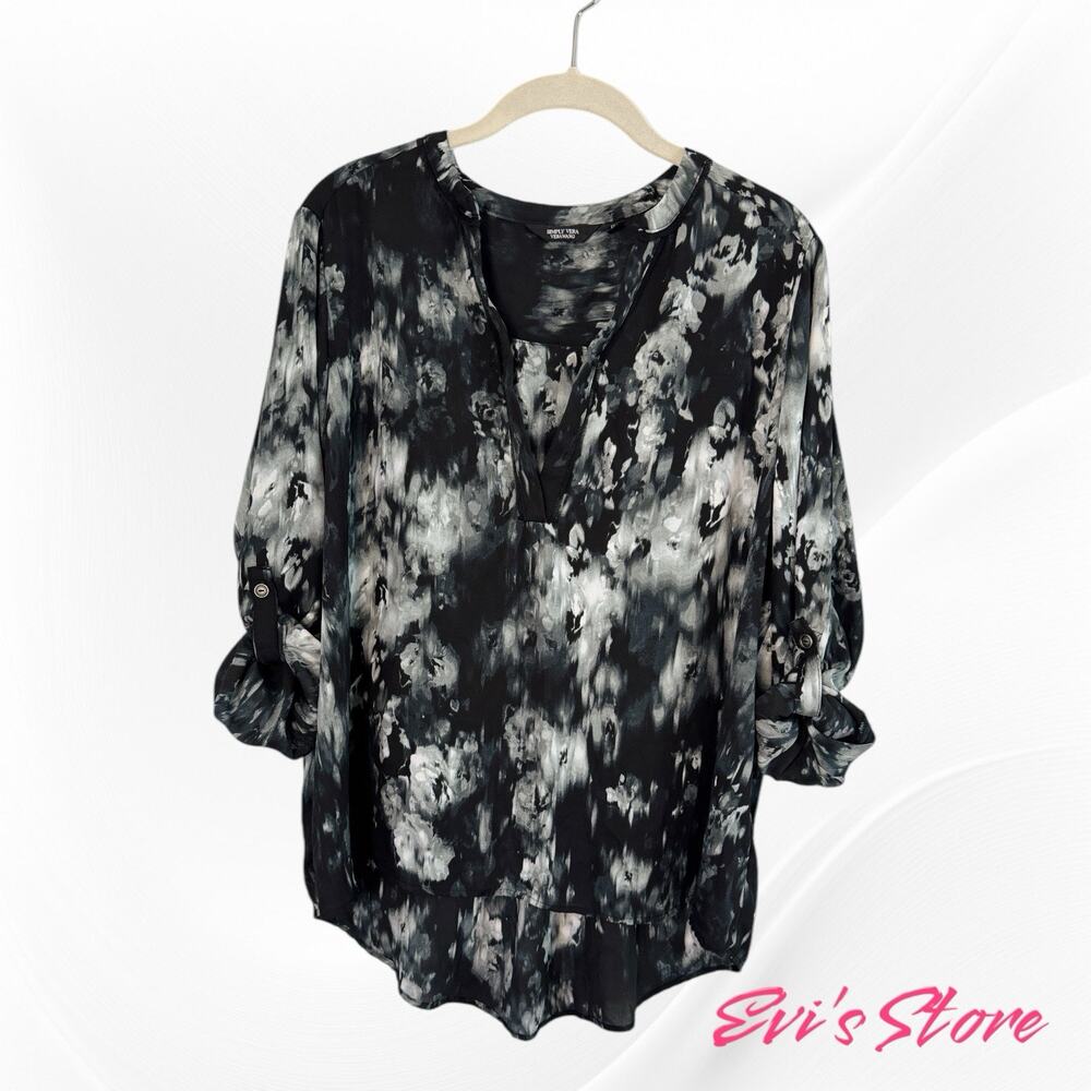 Simply Vera Wang Women's Black White Grey Abstract Tunic Blouse Sz P XL